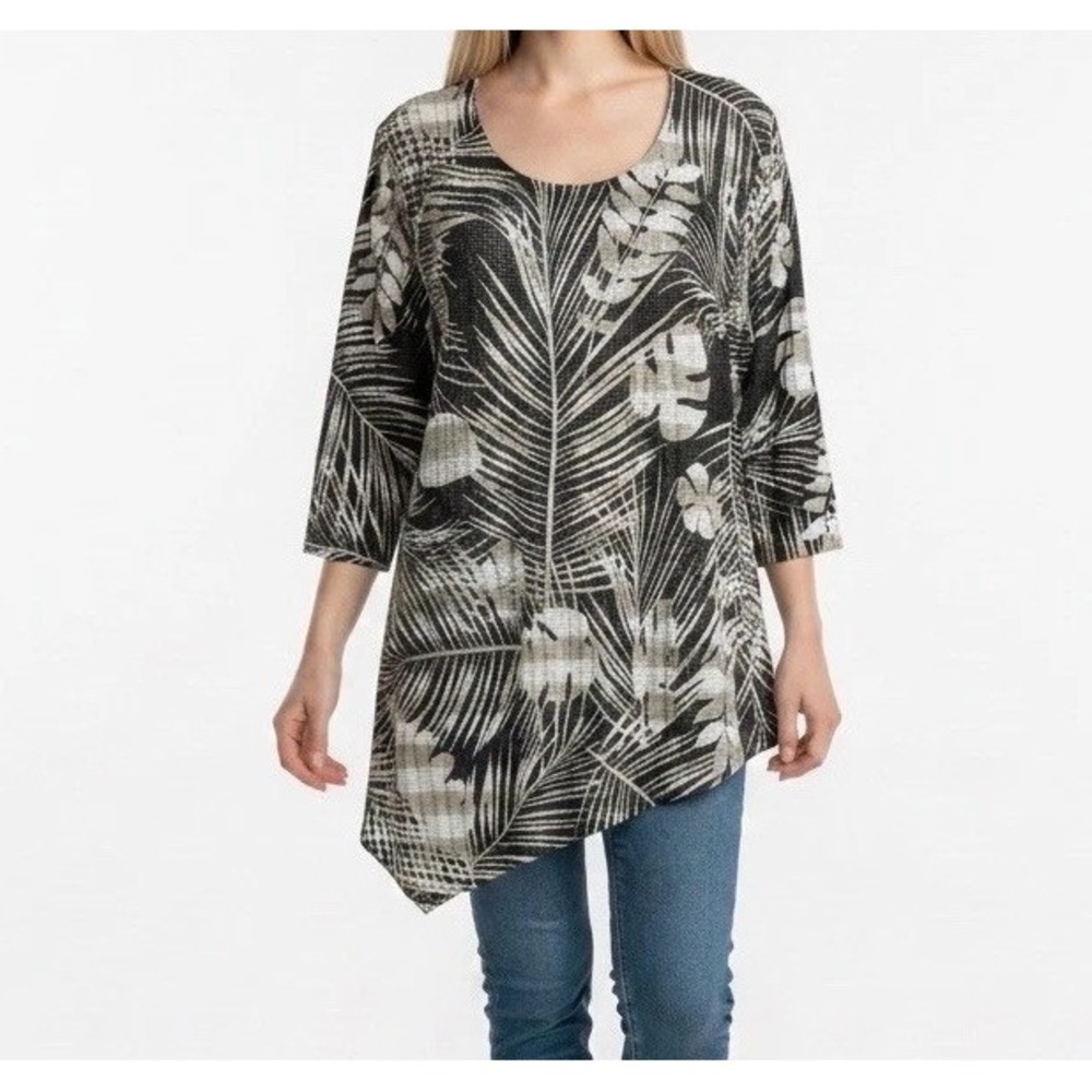 Chico's Travelers Tropical Palm Leaf Print Tunic Top 3 US XL Black White Beige
